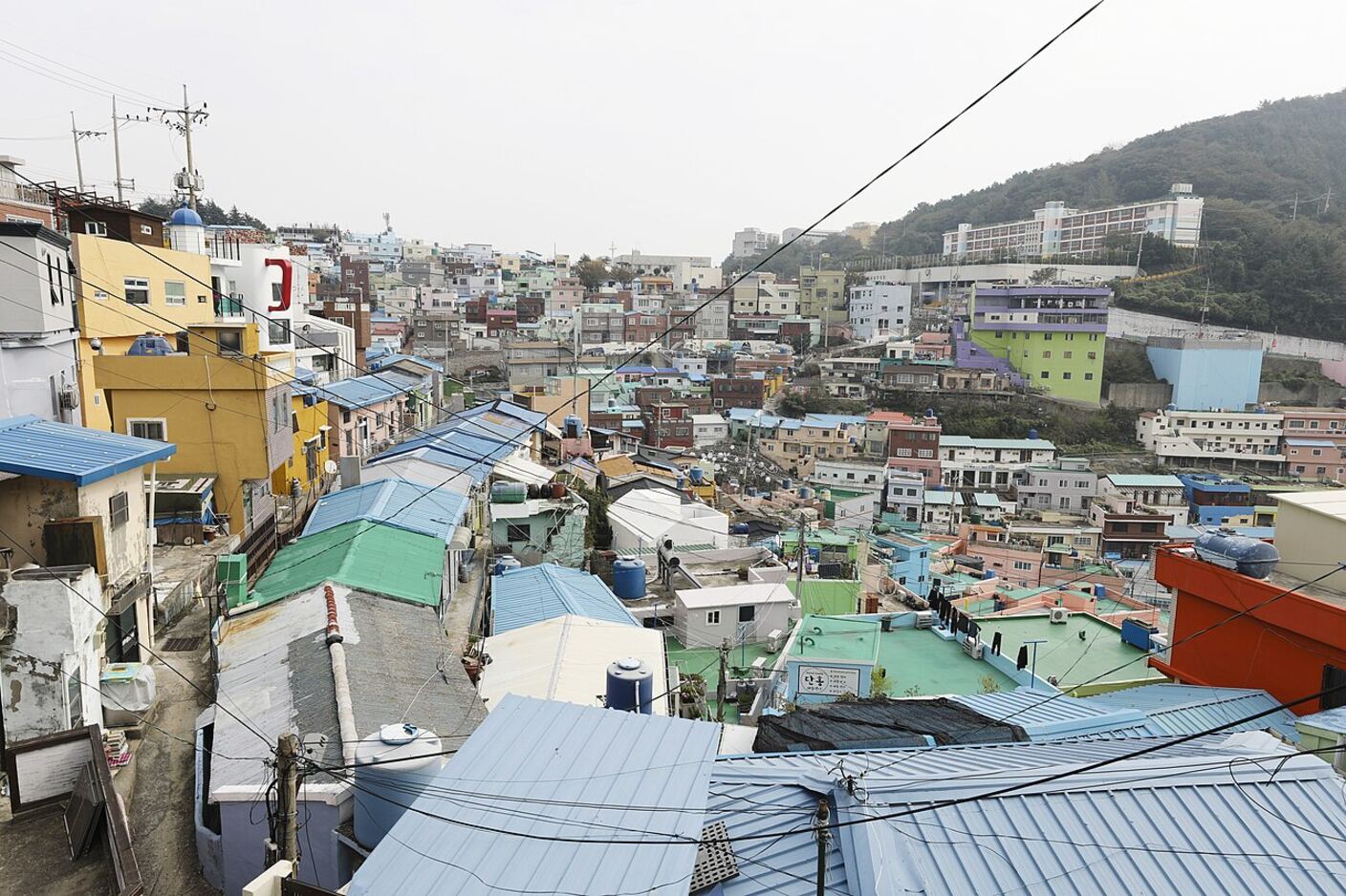 Rooftops of Gamcheon seen from above, painted houses descending the slope with overhead wires crossing the frame