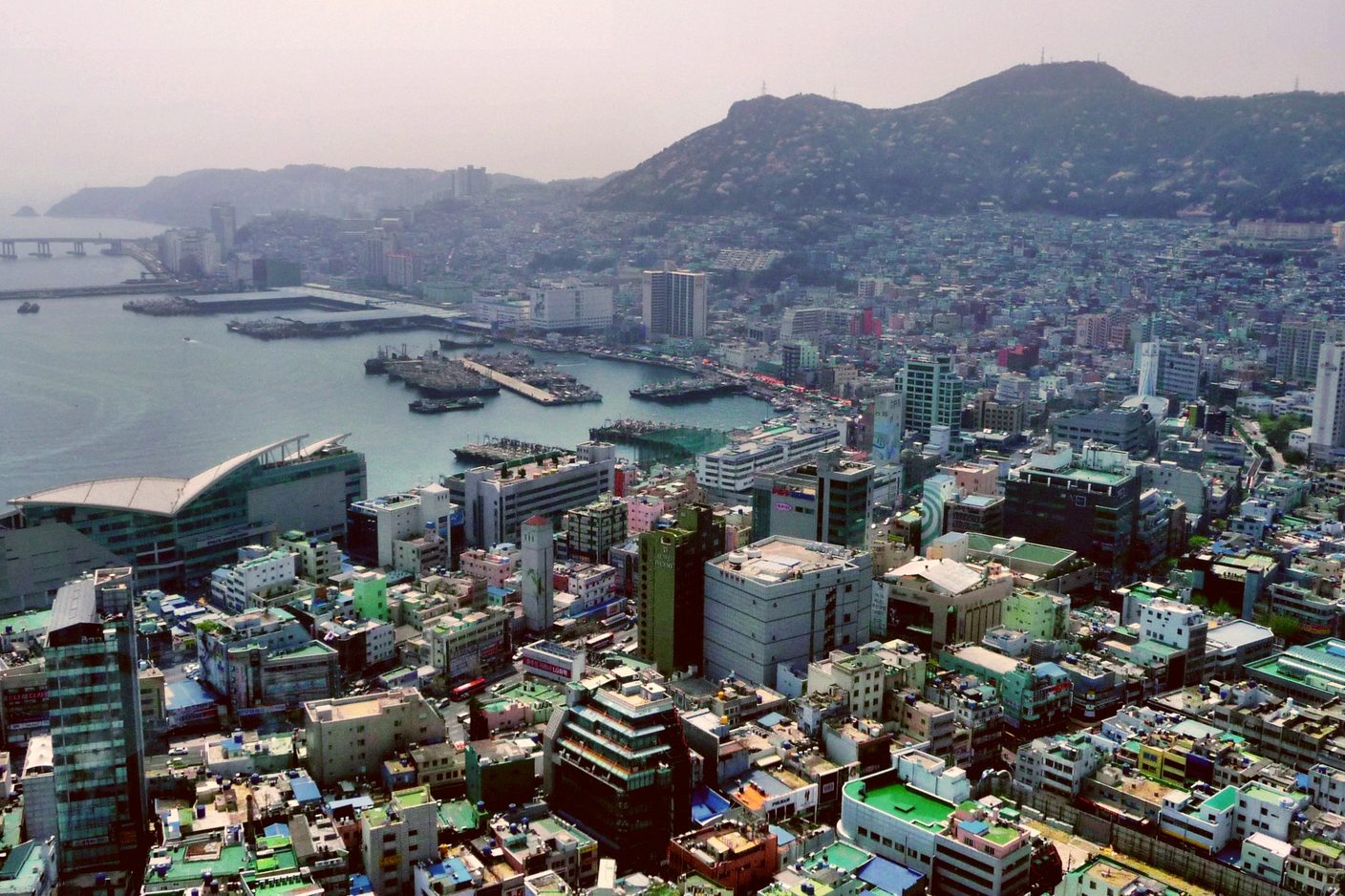 Busan harbour seen from above, the fish market quarter along the waterfront with the city rising behind
