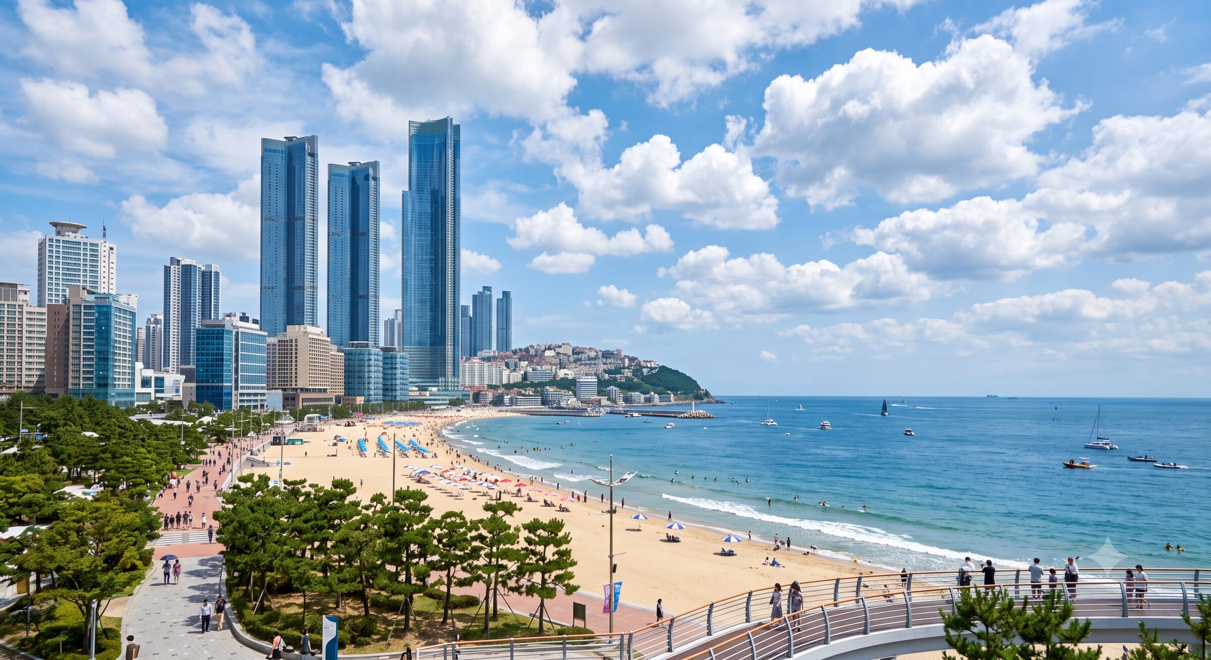 Haeundae Beach in Busan — the Marine City skyline, the sandy shore and the sea