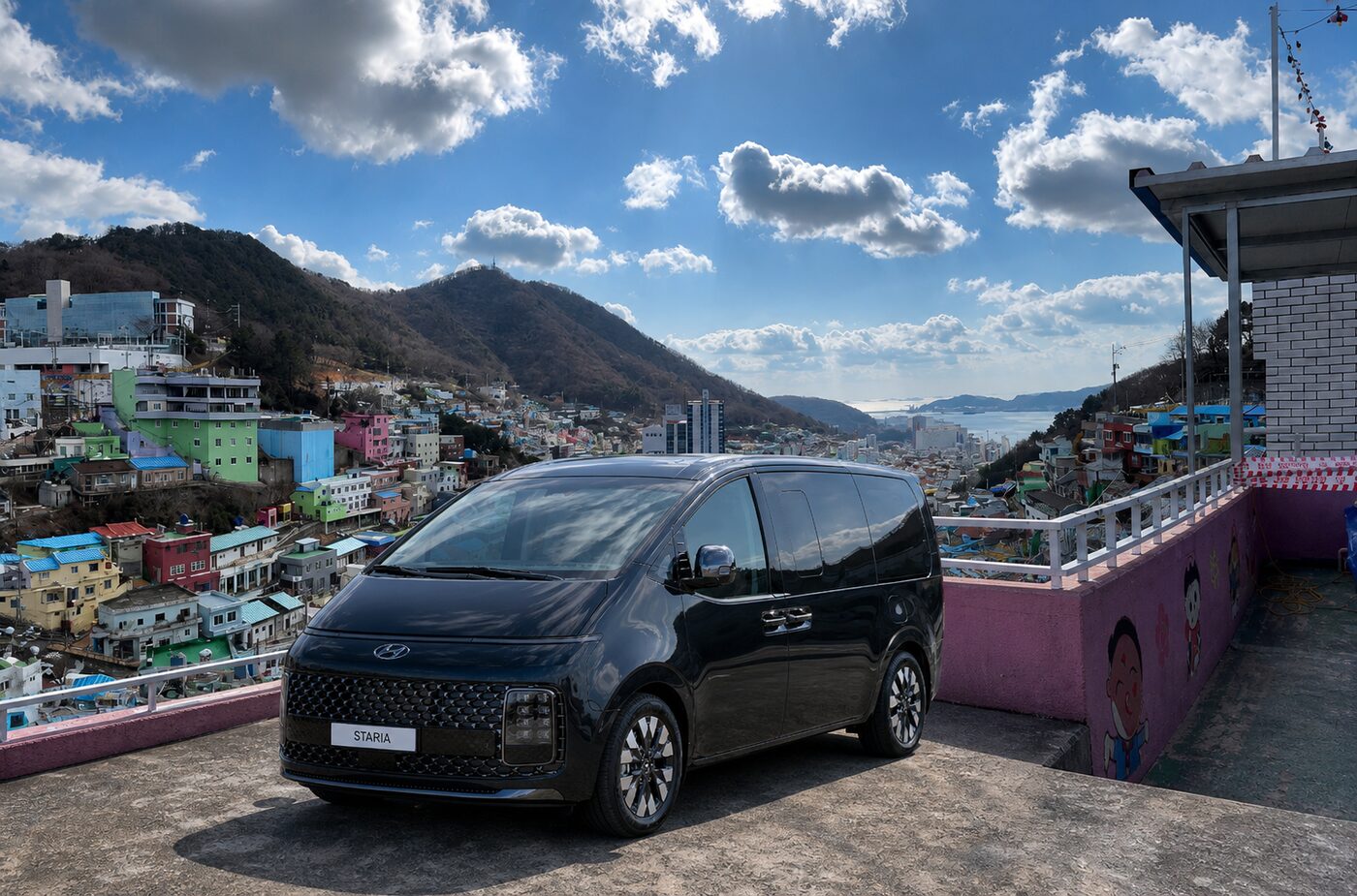 Private tour van (Hyundai Staria) overlooking Gamcheon Culture Village and the Busan coastline